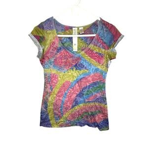 Y2K Fresh Brewed Butterfly Shirt Women’s Large Multicolor Cap Sleeve Sparkly